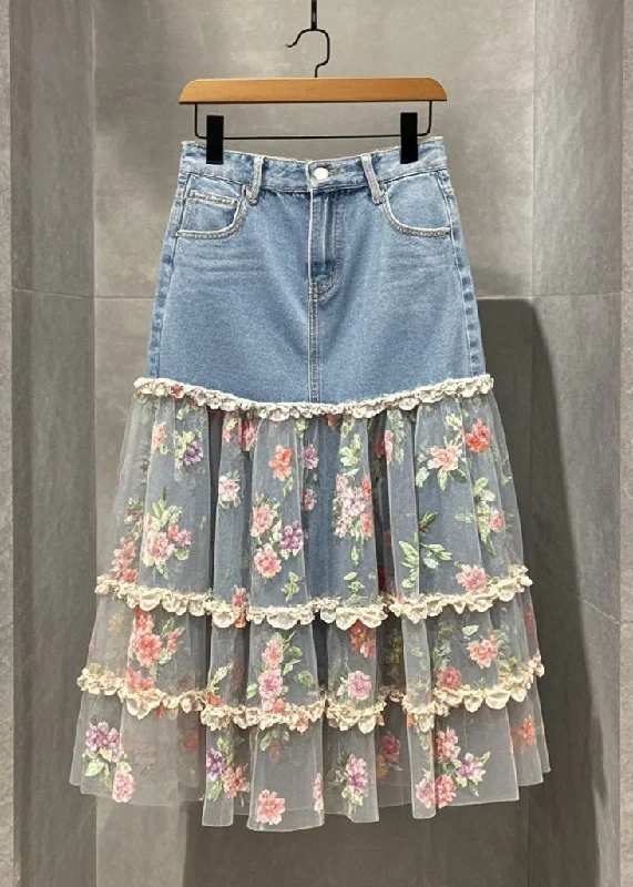 Fine Denim Blue Patchwork Tulle Print Holiday Skirts Fall high waist skirt