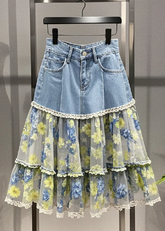 Fitted Light Blue Print Patchwork Tulle Denim Skirt Summer relaxed fit skirt