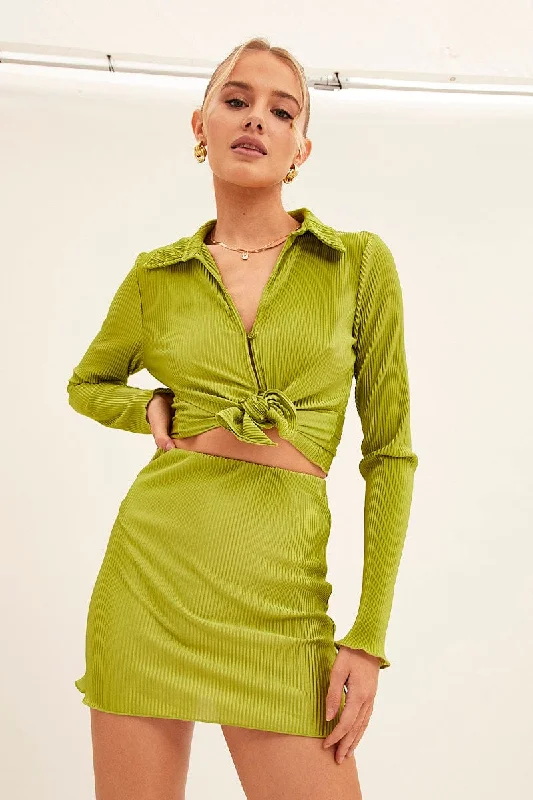 Green Mini Skirt Plisse Satin cashmere skirt rich