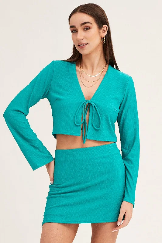 Green Textured A Line Mini Skirt spandex blend skirt