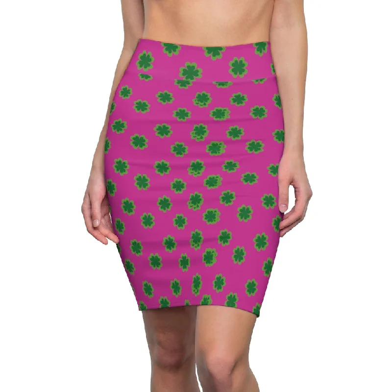 Hot Pink Clover Pencil Skirt, Pink And Green Clover Leaf Print St. Patrick's Day Women's Pencil Skirt- Made in USA chiffon skirt flowing