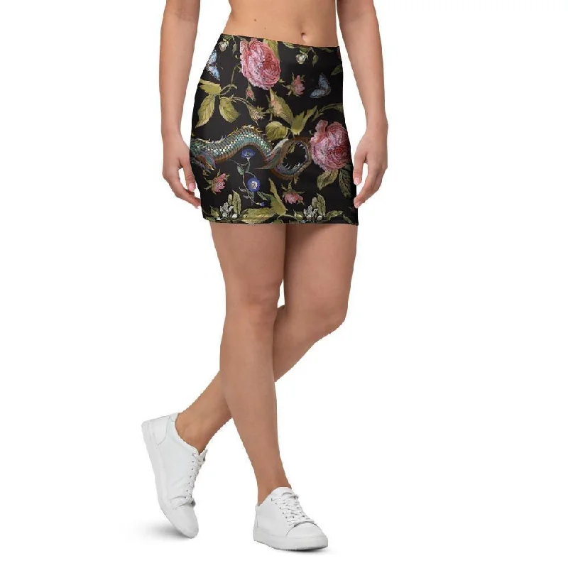 Janpanese Floral Dragon Print Mini Skirt denim skirt stylish