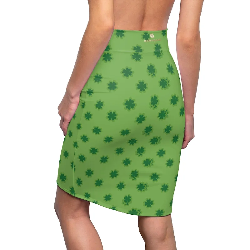 Light Green Clover Pencil Skirt, Best Irish Lucky Clover Leaf Print St. Patrick's Day Women's Pencil Skirt- Made in USA ruffled skirt detail