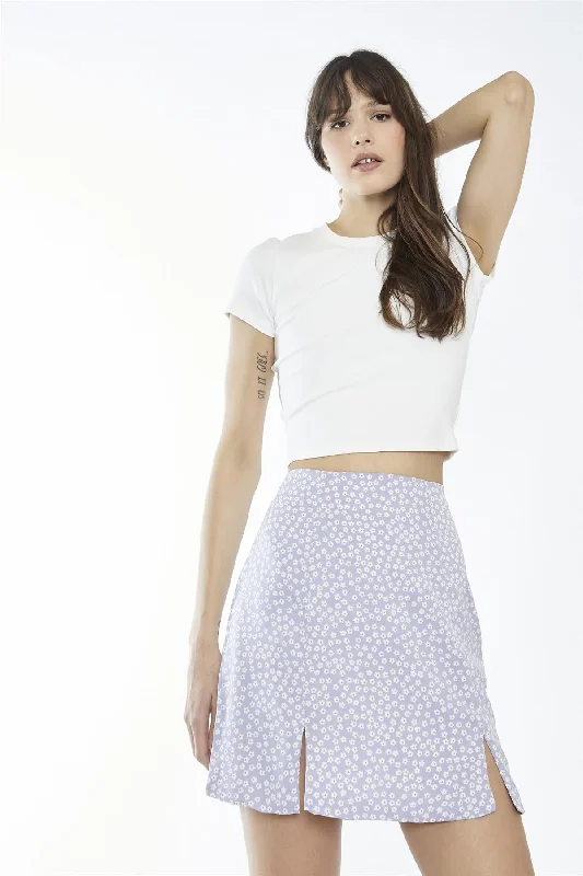 Lilac Retro-Ditsy Notch-Split Mini-Skirt chiffon skirt airy