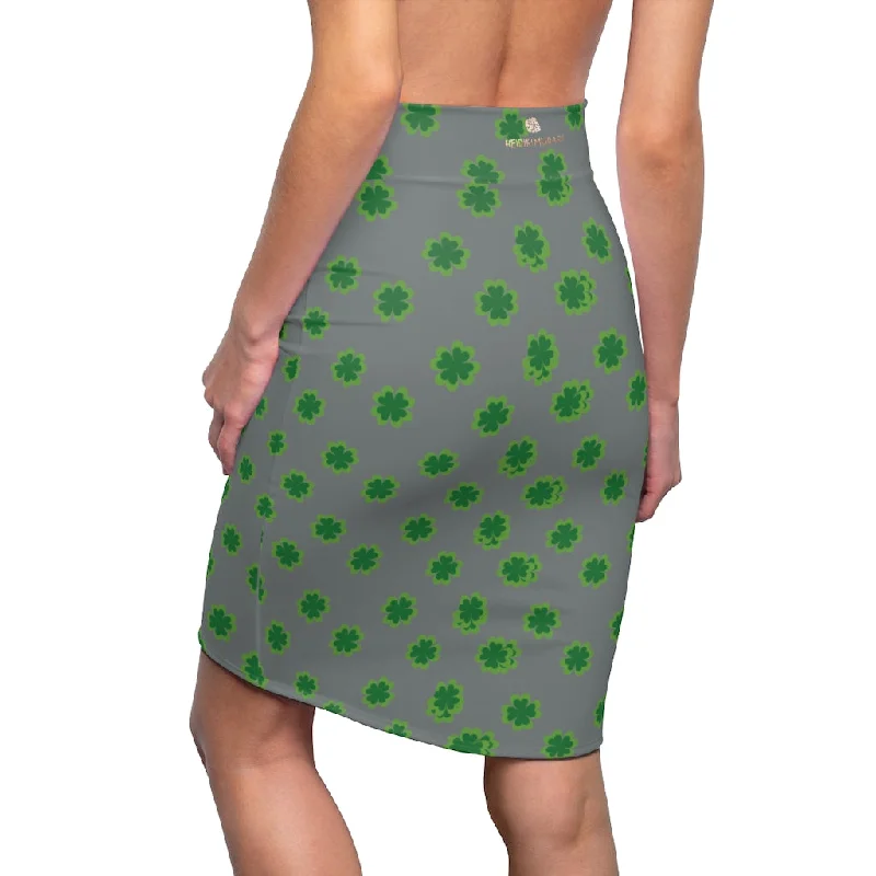 Medium Gray Clover Pencil Skirt, Green Clover Leaf Print St. Patrick's Day Women's Pencil Skirt- Made in USA slim fit skirt