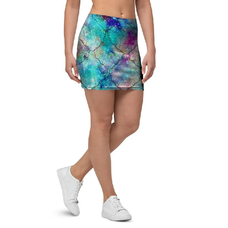 Mermaid Galaxy Print Mini Skirt asymmetrical skirt cut