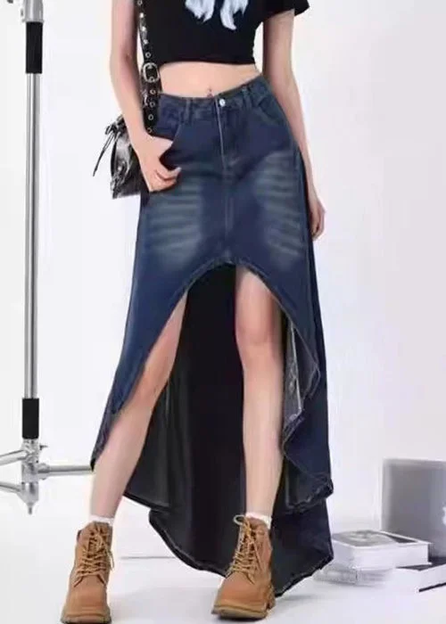 Modern Blue Pockets Low High Design Denim Skirt Summer belted skirt waist