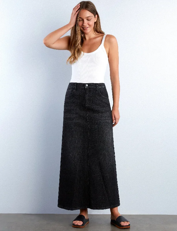 Polished Denim Maxi Skirt elastic waist skirt