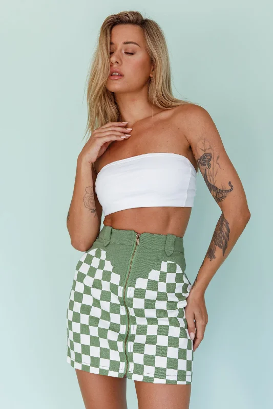 Rewind Zipper Front Mini Skirt Checkered Green linen skirt relaxed