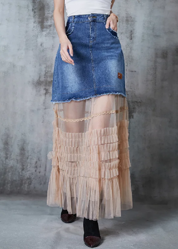 Silm Fit Blue Patchwork Tulle Denim Holiday Skirt Summer denim skirt fashionable