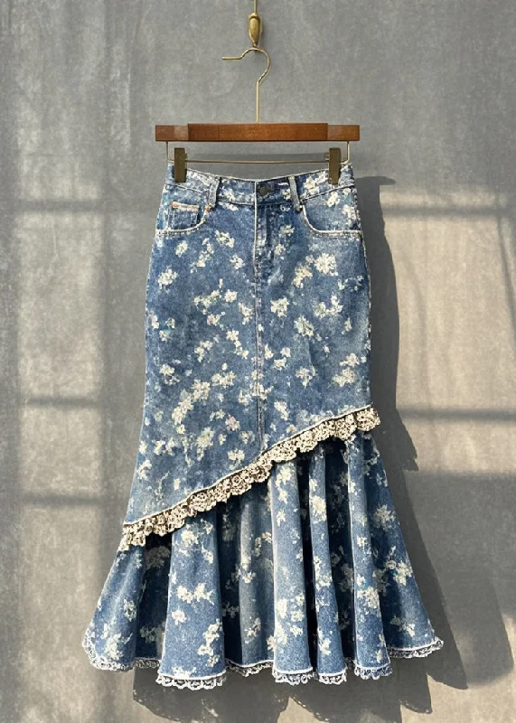 Silm Fit Blue Print Patchwork Denim Wraped Skirt Fall wool skirt breathable