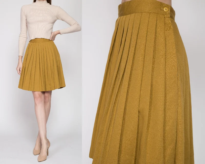 Small 80s Mustard Yellow Pleated Mini Skirt 25.5" cotton skirt soft