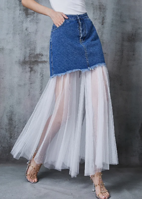 Style Denim Blue Patchwork Tulle Wear On Both Sides Skirt Summer modal blend skirt