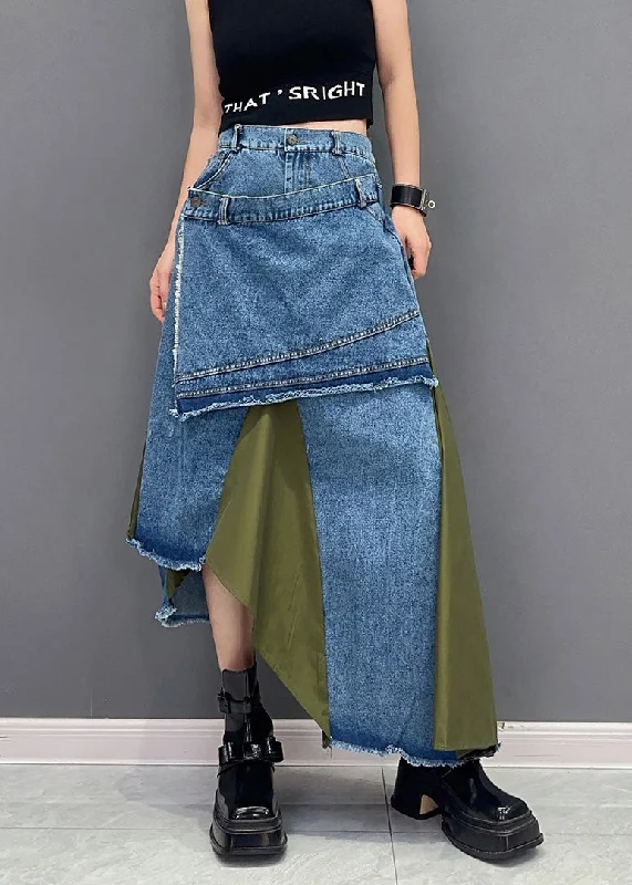 Stylish Green Asymmetrical Patchwork Denim Skirt Summer velvet skirt rich