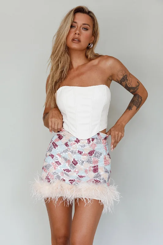 Sunset Boulevard Sequin Feather Mini Skirt Multi tiered skirt playful