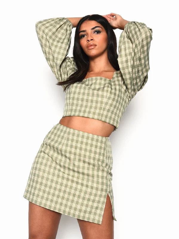 Turquoise Multi Check Side Split Mini Skirt silk skirt sleek