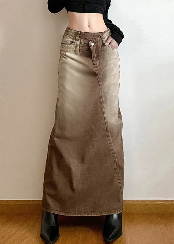 Vintage Light Brown Asymmetrical Side Open Denim Skirt Fall linen skirt breathable