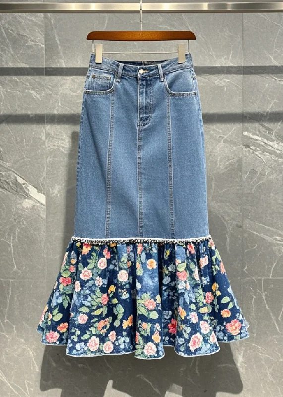 Women Blue Patchwork Print Denim Wraped Skirt Fall a-line skirt cut