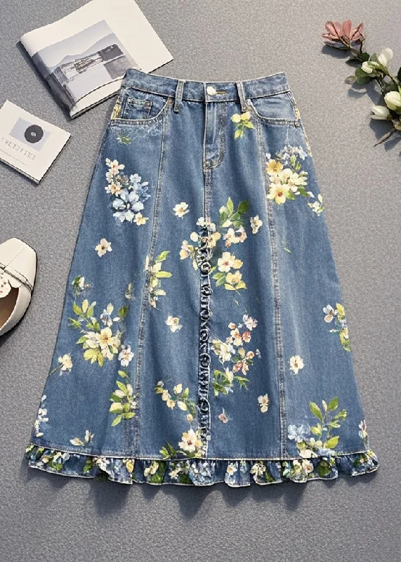 Women Blue Ruffled Print Denim Skirt Fall chiffon skirt floaty